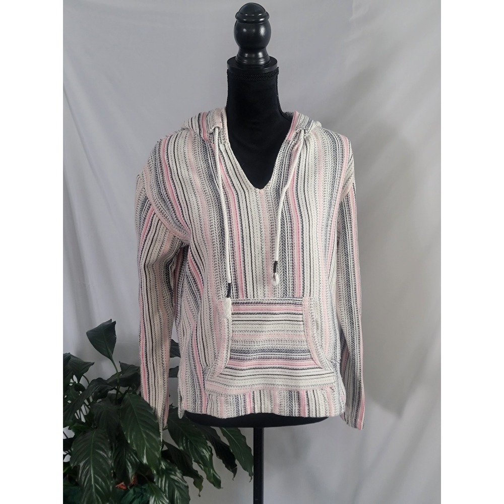 Beach by Exist Baja Hoodie Pink White Blue Striped Woven Pullover Large